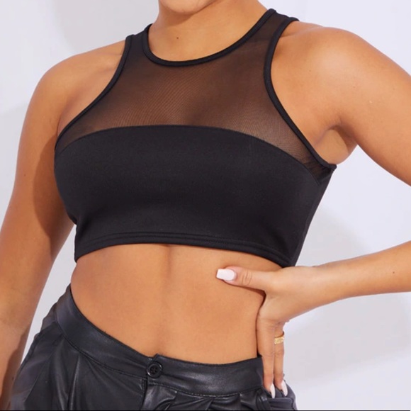 PRETTY LITTLE THING Black Mesh Insert Scuba Racer Neck Crop Top - Picture 1 of 6